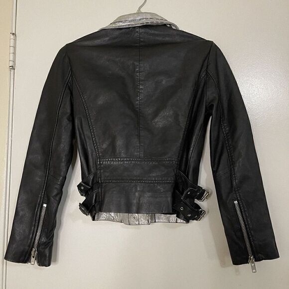 OAK Genuine Leather Black and silver metallic motorcycle riding zip up jacket S - Picture 2 of 8